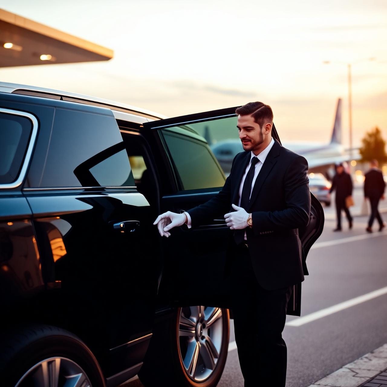 Uniformed chauffeur holding open the rear door of a black executive SUV