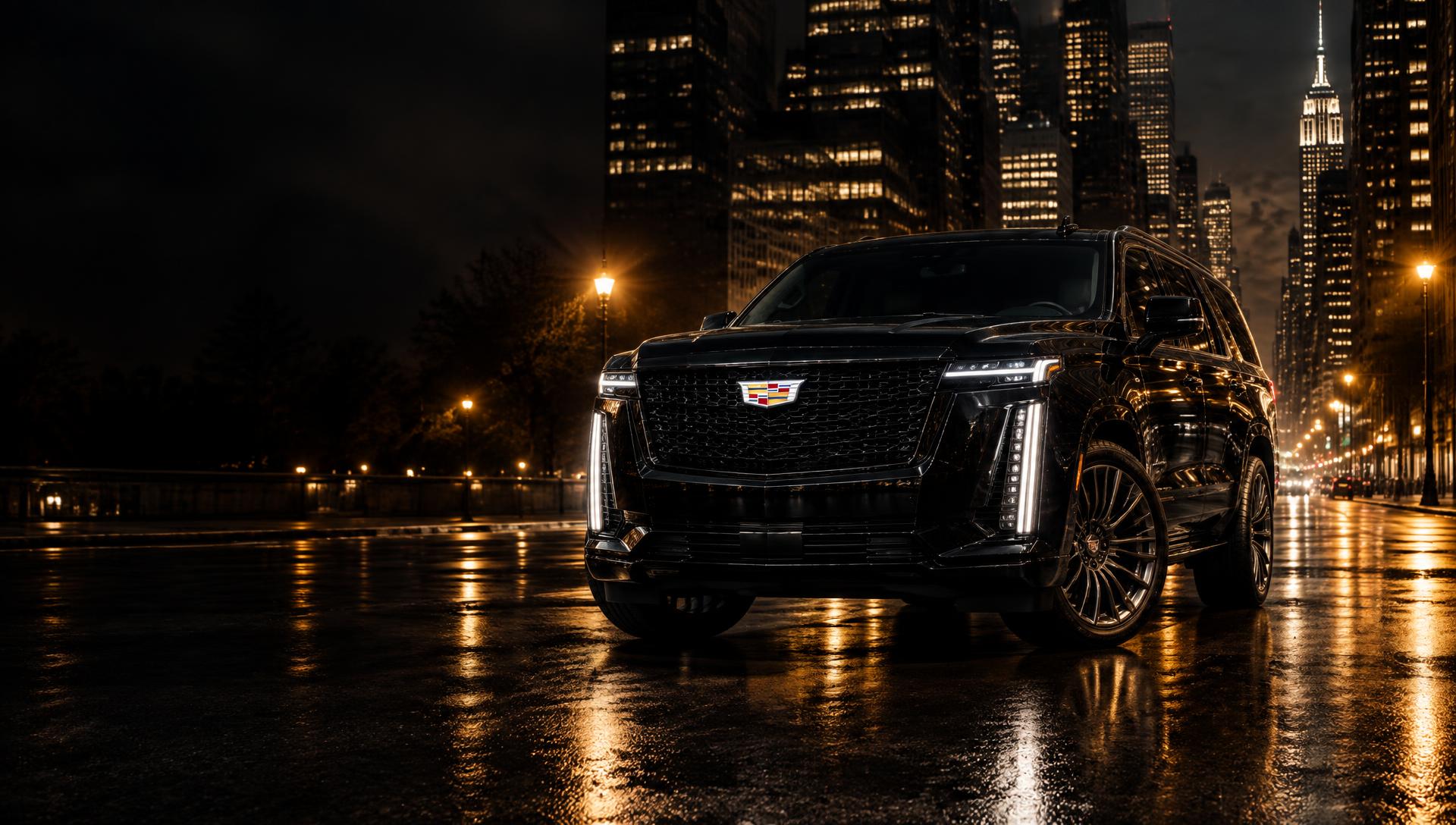 Black Cadillac Escalade ESV chauffeur service in Manhattan, NYC at night